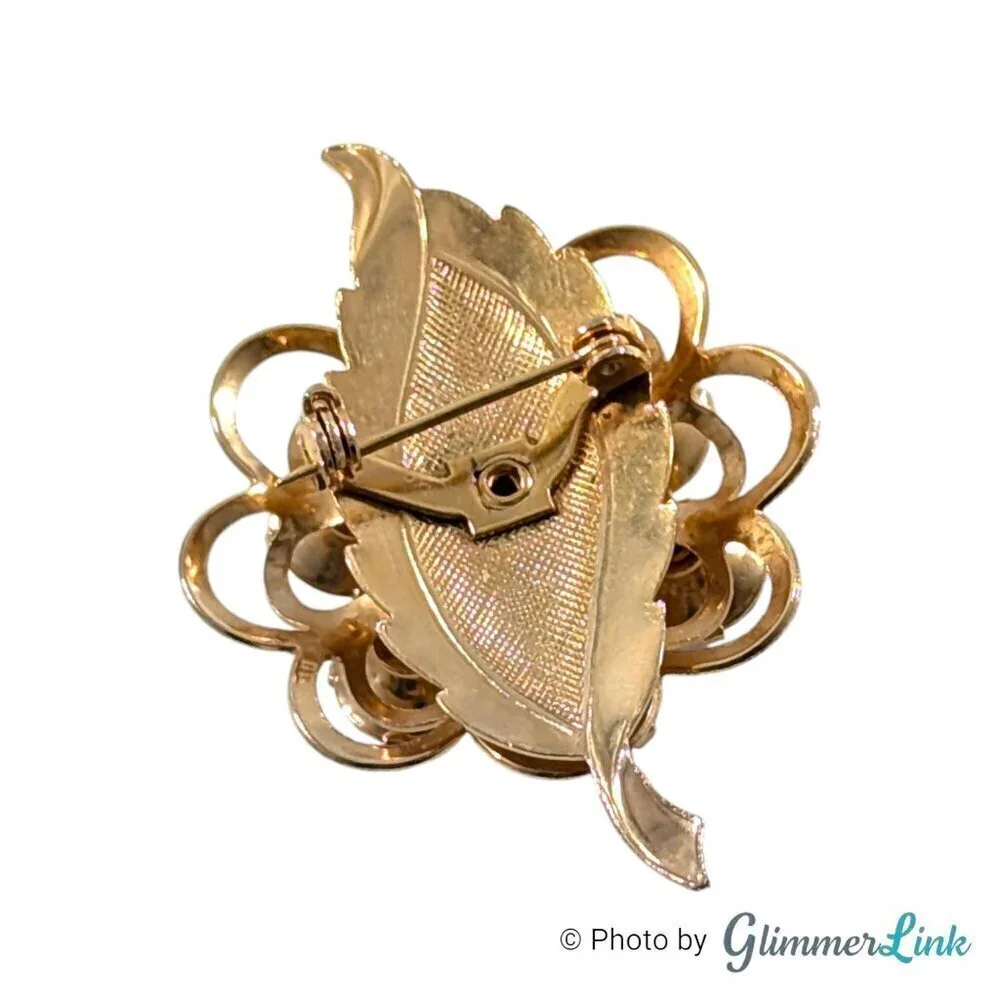 Vintage Flower Leaf Layered Clear Rhinestones Gold Tone Brooch Pin